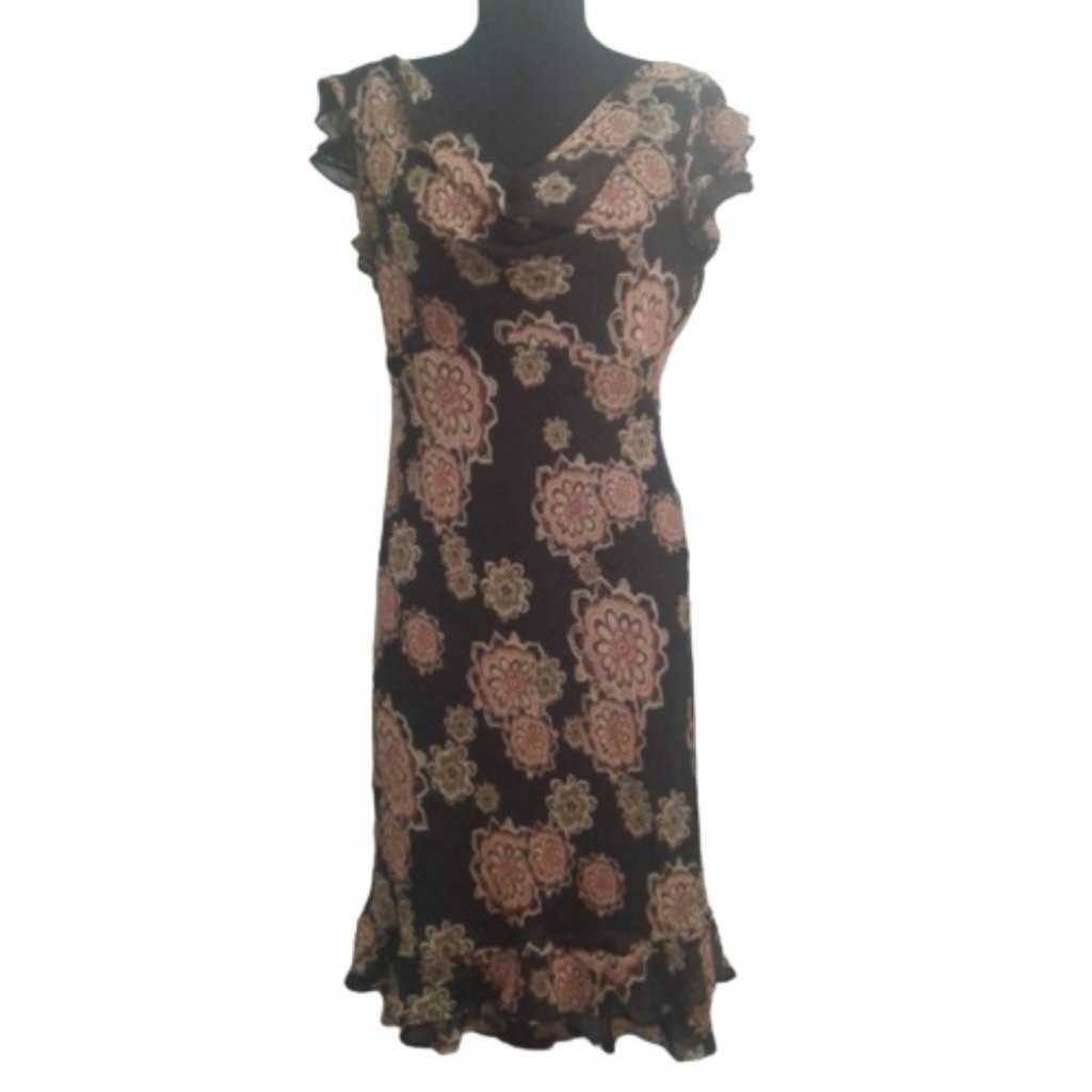 Bob Mackie 8p Silk Floral Dress Wearable Art Sheer Overlay Lined Hi-Lo Hem